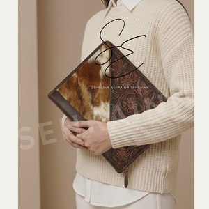 2026 Hand Tooled Leather Portfolio <b>Folder</b> Hair On Cowhide <b>A4</b> Organizer Zippered File <b>Folder</b> Corporate Padfolio Office Gifts - Product Image 2