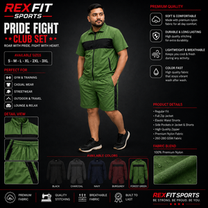 REXFIT SPORTS 2026 Customized <b>Men</b>’s Forest <b>Green</b> Nylon <b>Short</b> Sleeve Tracksuit Set Full Zip Jacket and <b>Shorts</b> Custom Sportswear - Product Image 1