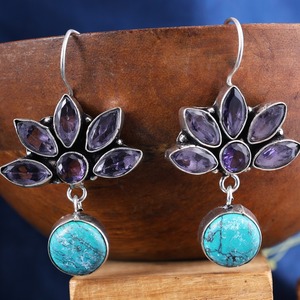 Pendientes de Aro Turquesa Estilo Bohemio Tribal de Moda al por Mayor |   Proveedor de Joyería de Plata Oxidada con Diseño de Flores Étnicas - Product Image 2
