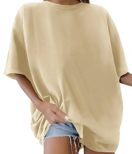 Camiseta informal con hombros caídos para mujer, 100% de algodón, transpirable y antiarrugas, patrón sólido comprimido para verano - Product Image 2