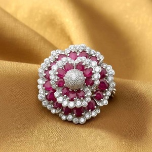Broche Fleur Rubis Rose Plaqué Or 14 carats Bijou Statement Art Déco Argent 925 Diamant Unique Femme & Homme Mariage - Product Image 4