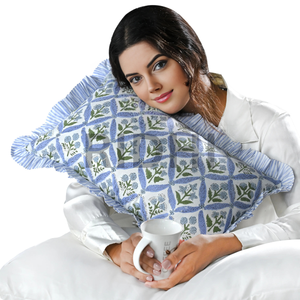 Ridhi 12x20 Coastal Blue Ruffle Floral Western Style Lumbar <b>Pillow</b> Cover Set Hand Block Print Cotton Custom Size Removable - Product Image 1
