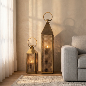 Designer <b>Moroccan</b> <b>Lantern</b> with Gold Metal Mesh Construction and Modern Hanging Loop for Patio Living Room Decor - Product Image 1