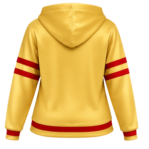 Sudadera con Capucha PDK Dorada y Roja para Mujer, Modelo 1923, con Capucha, Mangas con Rayas y Letras en Bloque, Diseño Gráfico Frontal - Product Image 4