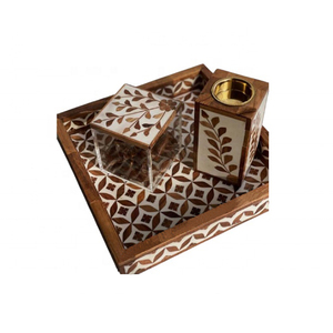 Handcrafted Wooden Arabic Incense Burner Set With Elegant Floral Leaf Inlay, <b>Matching</b> Tray, Storage <b>Box</b> And Brass Cup Accent - Product Image 2