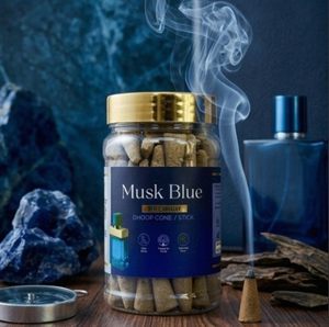 Encens en cône Sellease Musk Blue Dhoop dans un bocal en verre avec couvercle doré, matériau en bambou écologique et biologique, parfumé et aromatique - Product Image 3