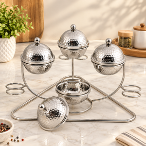 Ensemble de service de fruits secs haut de gamme avec 4 bols en acier inoxydable à couvercles, finition martelée, support métallique et porte-cuillères pour dattes et confiseries - Product Image 3