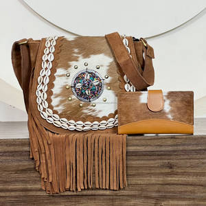 Conjunto de 2 piezas de diseño más reciente 2026 para mujer, venta al por mayor, bolsos cruzados de cuero genuino con flecos, conjunto de carteras occidentales premium - Product Image 4