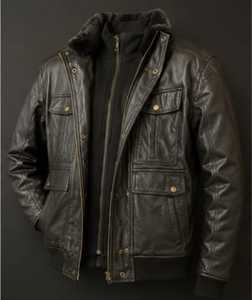 Blouson en cuir pour homme avec col en fausse fourrure et fermeture éclair - Product Image 4