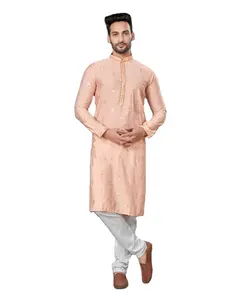 Indian Wear Look Met Veelkleurige Heren Puur Katoenen Kurta Met Borduurwerk Spiegelwerk Met Onderkant Huwelijksfeest Causale Slijtage