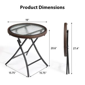 Tavolino marrone esterno con piano in vetro temperato piccolo tavolo di vimini pieghevole per Patio giardino giardino con balcone portico piscina - Product Image 3