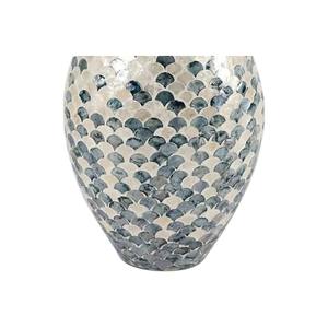Vase en mosaïque de coquillages fait main, incrustation irrégulière de nacre, haut, bleu et blanc, décoration de table, design contemporain écologique - Product Image 5