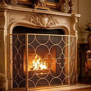 Quatrefoil Trellis Metal Fireplace <b>Screen</b> Folding Three Panel Fine Mesh Spark Guard Decorative Steel Hearth <b>Protector</b> - Product Image 1