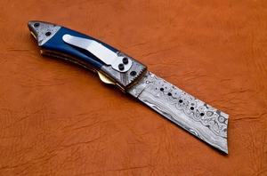 Navaja Plegable de Acero de Damasco Hecha a Mano, Cuchillo de Bolsillo OEM de Grado Industrial con Garantía de 3 Años, Hoja de Punta Caída con Apertura Deslizante - Product Image 3