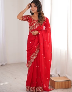 KV Satin <b>Red</b> Embellished Designer Saree With Unstitched <b>Blouse</b> - Product Image 3