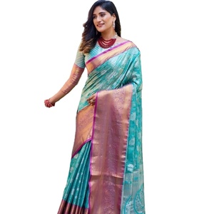 Sari en soie viscose Banarasi de qualité standard avec blouse brodée pour femmes, multicolores, pour les fêtes et le quotidien - Product Image 1