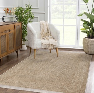 Tapis d'intérieur uni en jute naturelle tissé à la main à poils ras avec bordure décorative, écologique et résistant, pour salon et chambre à coucher - Product Image 2