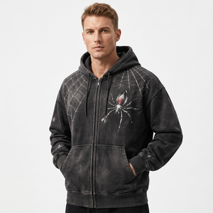 Sweat à capuche zippé graphique pour homme OME, imprimé toile d'araignée, manches longues, streetwear urbain, vente en gros B2B, stock personnalisé en vrac - Product Image 1