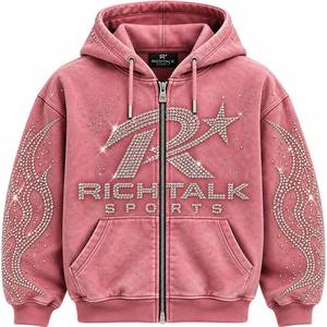 Unisex <b>Pink</b> Hooded Acid Wash <b>Tracksuit</b> <b>Set</b> Full Sleeve Rhinestone Logo Streetwear Drawstring Pants Regular Fit Winter Wear - Product Image 4