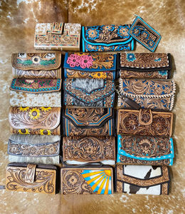 Cowgirl Fashion Tooled cuero de vaca turquesa flor billetera de alta calidad de cuero genuino mujeres tarjeta de crédito y billeteras para teléfono - Product Image 3