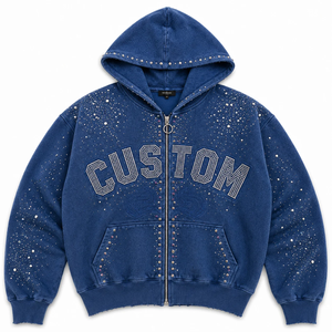 Sweat-shirt à capuche personnalisé avec strass pour homme, style streetwear oversize, noir, zippé, logo frontal, en molleton tricoté, coupe classique, automne - Product Image 6