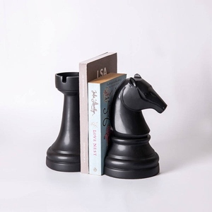 Modern design cast aluminum knight and rook chess bookend set black <b>matte</b> finish decorative book holder classic chess piece - Product Image 1