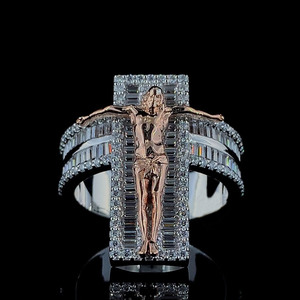 Unique Jesus <b>Cross</b> Men's <b>Ring</b> Hip-Hop Round & Baguette Cut Moissanite Diamond <b>Ring</b> 925 Sterling <b>Silver</b> Two Tone Iced Out Jewelry - Product Image 1