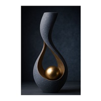 Sculpture en céramique abstraite moderne, texture pierre grise, statue en forme de goutte d'eau, accent décoratif sphérique doré pour salon contemporain