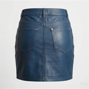 Mini-jupe en cuir bleu pour femme, jupe courte décontractée en similicuir PU, coupe droite, avec bouton - Product Image 2
