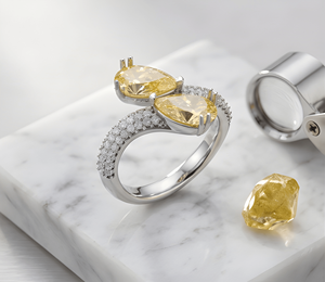 Bague de fiançailles de luxe en or blanc avec diamant de laboratoire jaune fantaisie taille poire et pierres latérales rondes brillantes pour femme - Product Image 2