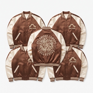 Factory Direct Plum Ivory Satin Varsity Jacket Zip Up Custom Embroidered Elderwood Herbal Guild Baseball <b>Coat</b> - Product Image 4