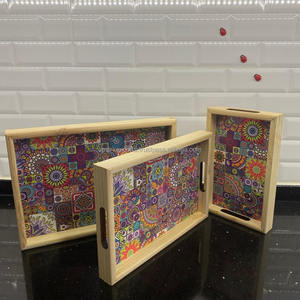Vibrant Patchwork Enamel Printed MDF <b>Serving</b> Tray <b>Set</b> Colorful Decorative Wooden Tray with Handles for Dining Table Home Decor - Product Image 2
