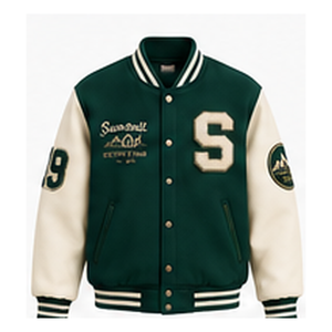 Blouson universitaire personnalisé en laine 100% vert forêt, brodé, motif montagne, style baseball, chenille - Product Image 2