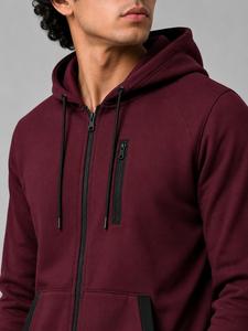Sweat-shirt à capuche zippé pour homme, couleur unie, en molleton bouclette, coupe décontractée, manches classiques, avec bordure noire, design zippé - Product Image 4