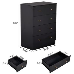 Gabinete de Partículas Negras con 3+2 Cajones y Acabado de Melamina Texturizada, Tiradores Dorados Mate, Dimensiones 66*40*91cm, Archivadores - Product Image 4