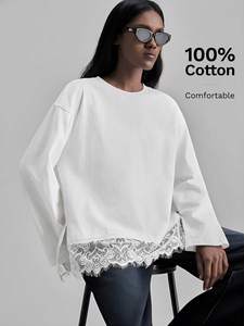 Custom Trendy White Lace Hem Long Sleeve Cotton Tee Women's Shirts Crewneck Loose Fit Casual Fashion T-Shirt Plus Size Blouses - Product Image 3