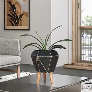 Maceta de Cerámica Negra Texturizada Estilo Carbón Industrial, Pintada a Mano con Patrón Tejido, con Soporte de Trípode de Madera Sólida para Oficina - Product Image 2