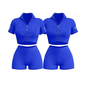Conjunto de 2 Piezas Azul Acordonado para Mujer, Top Corto de Manga Corta con Cierre y Pantalones Cortos de Cintura Alta, Ropa Casual de Primavera/Verano - Product Image 1