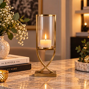 Luxury Gold Glass Candle <b>Holder</b> with Cross Frame and Square Base for Table Display | Elegant Hurricane Candle Stand for Home Dec - Product Image 4