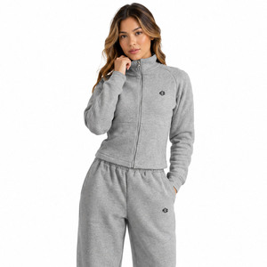 Conjunto Deportivo de Algodón Grueso Orgánico para Mujer, Top Corto Personalizado, Sudadera con Cremallera OEM ODM, Pantalones Anchos con Dobladillo Dividido, Ropa Deportiva Informal para Uso Diario - Product Image 3