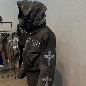 Premium Quality Custom Zipper Sweat suit Diamond Glitter Rhinestone Jogger Flared Tracksuit Sweatpants and Mask <b>Hoodie</b> Set - Product Image 3