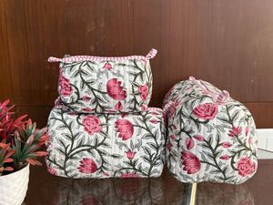 Floral Printed Quilted Cosmetic Bag Set with Zip Closure Elegant Multi-Function Toiletry Pouches - Product Image 4