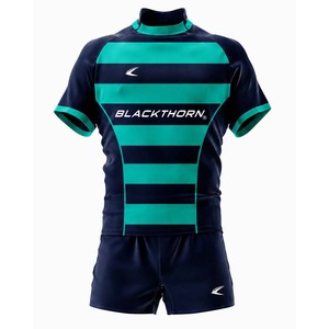 Conjunto de Camiseta de Rugby para Hombre Blackthorn, Sublimada, Manga Corta, Verde y Amarillo a Rayas, Corte Atlético, Absorbe la Humedad, Cuello en V, para Todas las Temporadas - Product Image 2