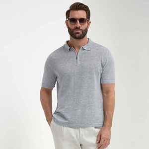 Polo à manches courtes gris clair pour homme, en coton tricoté, respirant, couleur unie, coupe décontractée, fermeture éclair - Product Image 1
