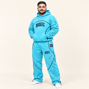 ชุดฮู้ดดี้และกางเกงวอร์มผู้ชาย Rexfit Sports สีน้ำเงิน ดีไซน์แบบ Distressed ผ้าฝ้าย ชุดลำลองสำหรับฤดูใบไม้ร่วง ปรับแต่งได้สำหรับทุกเพศ - Product Image 2