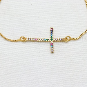 Wholesale 925 <b>Solid</b> Sterling <b>Silver</b> Gold Plated Multicolor CZ Cross Inlaid Adjustable Slider <b>Bracelet</b> Fine Jewelry - Product Image 2