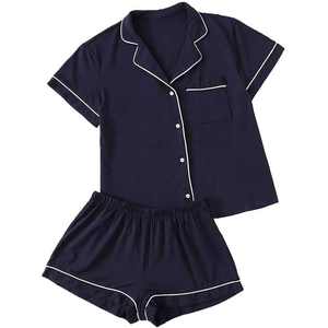 Conjunto de pijama de manga corta color granate para mujer con ribete blanco, ropa de dormir clásica de algodón, conjunto de pantalones cortos con botones delanteros para verano - Product Image 5