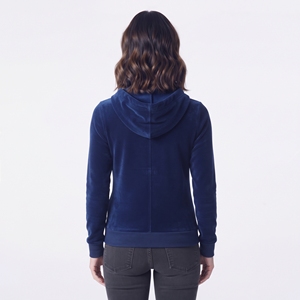 Women's Navy Blue Zip Up <b>Hoodie</b> <b>Velour</b> Long Sleeve Hooded Sweatshirt with Pockets - Product Image 3