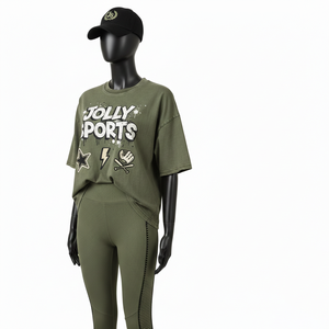 Ensemble de leggings en coton doux de haute qualité avec panneaux latéraux en maille verte et logo personnalisé imprimé, pour femmes - Product Image 2