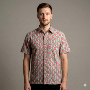 เสื้อเชิ้ตแขนสั้นลายดอกไม้ผ้าฝ้ายสำหรับผู้ชาย คอปกแบบพับได้ สไตล์ฤดูร้อน ระบายอากาศได้ดี ผ้าป๊อปลินทอ - Product Image 2